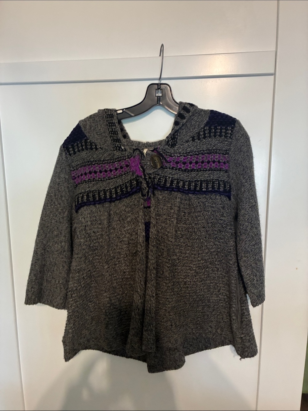 Free People Gray Hooded Knit Cardigan with Purple Trim